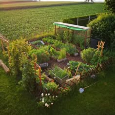 an aerial view of a garden in the middle of a field