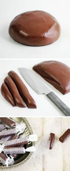 chocolate cake being made with knifes and icing on the top, then frosted