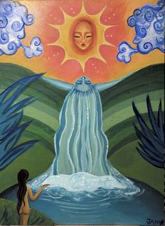 a painting of a woman standing in front of a waterfall with the sun above her head