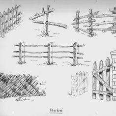 four different types of fences drawn in pencil