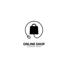 a black and white shopping bag logo with the word online shop on it's side