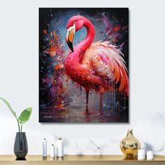 a painting of a pink flamingo on a wall