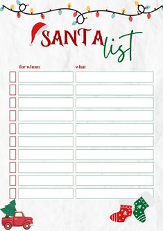 a printable christmas list with santa's list on the front and red truck in the back