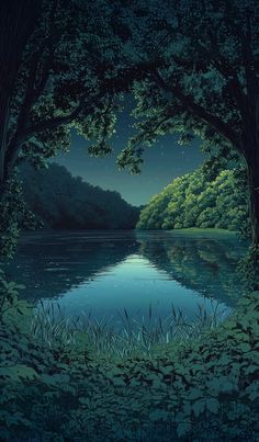 an image of a lake at night with trees and grass in the foreground by itself