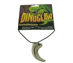 "These realistic dinosaur claw pendants are hand painted and made in Canada from injection-molded plastic under the supervision of paleontologists to ensure accuracy and quality. Each claw comes with an information card, and hangs on a black cord. 70 MILLION YEARS BP UPPER CRETACEOUS Sauronitholestes was a \"raptor\" about the size of a man. It had a larger brain than other dromaeosaurids, however, and may have had a poorer sense of smell. It was lightly built but had powerful hands and sharp, c Dinosaur Claw, Goat Horns, Sakura Cosplay, Sense Of Smell, Plastic Injection Molding, Fashion Jewelry Necklaces, Fashion Watches, Necklace Lengths, Brain