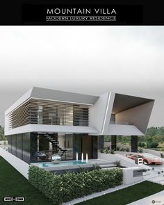 an architectural rendering of a modern house in the mountains with a pool and car parking lot