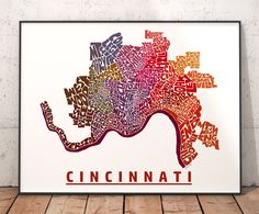 a map of the city of cincinnati, illinois in multicolored letters on a white background