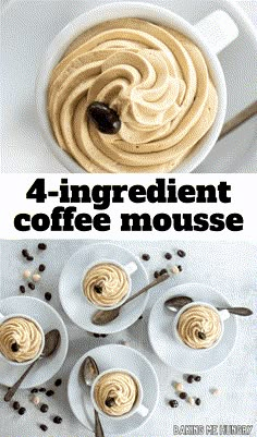 four different types of coffee mousse in white bowls