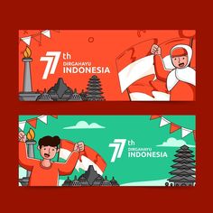 two horizontal banners with cartoon characters celebrating the 77th birthday of indonesia and 7 th independence