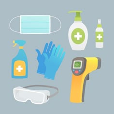 an assortment of medical items including gloves, eyeglasses and hand sanitizers