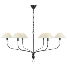 a chandelier with five lamps hanging from it's center and four shades on the