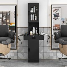 a hair salon with chairs and mirrors in front of the counter area, one chair is upholstered