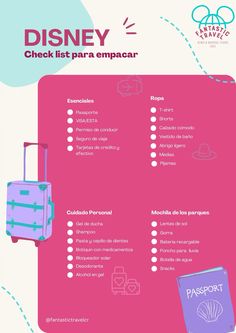 the disney check list is shown in pink and blue, with an image of luggage on it