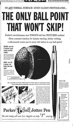 an old newspaper advertisement with a pen and ball point on it's front page