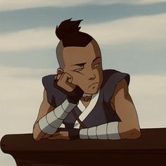 a cartoon character sitting at a table with his hand on his head and looking off to the side