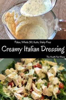 creamy italian dressing in a glass bowl with a spoon