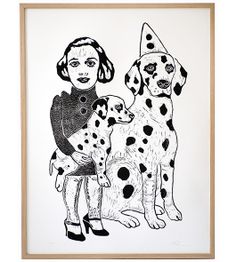 a black and white drawing of a woman with two dogs in front of her on a white background