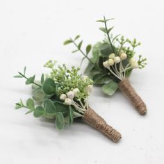 two boutonnieres with green leaves and white flowers on them are sitting next to each other