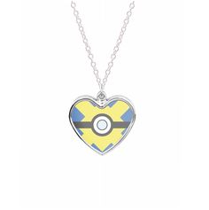 a pokemon heart shaped necklace with a poke ball on the front and blue and yellow design