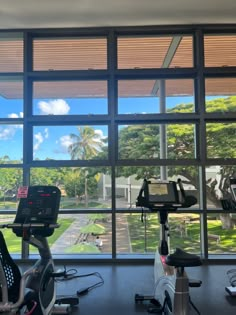 there are many exercise bikes in the gym with large windows looking out on the lawn