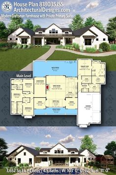 the floor plan for this modern house is shown in two different views, and has three levels