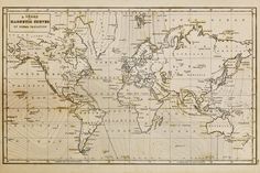 an old map of the world with lines and countries drawn on it's sides