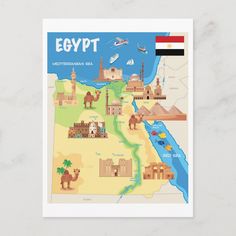 A Cartoon Map of Egypt Postcard Egypt Poster Design, Egypt Postcard, Desert Map, Cartoon Map, Egyptian Style, Environmental Graphic Design