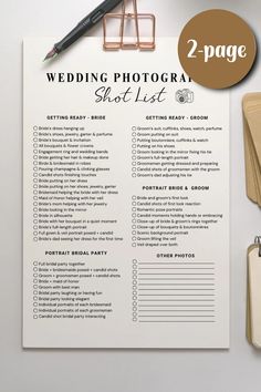 the wedding photography shot list is displayed on a clipboard