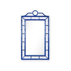 a mirror that is blue and has an oval frame