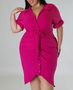 Magenta Dress Plus Size Semi-stretch dress Collar Short sleeves Ruched Button closure 100% polyester Hand wash cold Model is wearing a 2X Pink Dress Outfits, Dress Outfits Party, Magenta Dress, Dress Collar, Color Magenta, Plus Size Boutique, Curvy Women Outfits, Straight Dress, Women Outfits