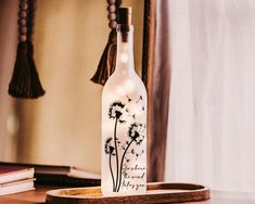 a lighted bottle sitting on top of a wooden tray