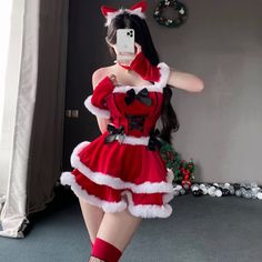 Cute Girls Santa Claus Maid Uniform Christmas Cosplay Lolita Bowknot Fluffy Ruffle Crop Top Skirt Christmas Costumes Women, Gloves Outfit, Xmas Costumes, Womens Winter Dresses, Christmas Cosplay, Girls Short Dresses, Maid Uniform, Christmas Dress Women, Ruffle Crop Top