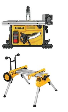 a table saw is shown next to a stand with wheels on it and a tool holder