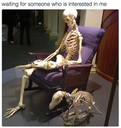 two skeletons sitting in a chair with the caption waiting for someone who is interested in me