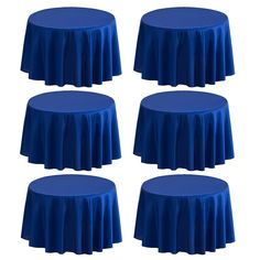 six round tables with blue tablecloths on them