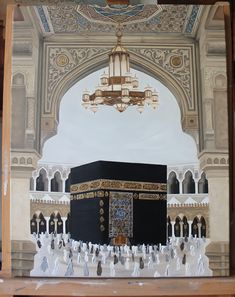 a painting of the ka'bah in front of a chandelier hanging from a wooden frame