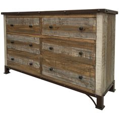 a wooden dresser with metal handles and drawers