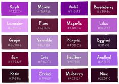 the names and colors of different types of paint in shades of purple, red, green,