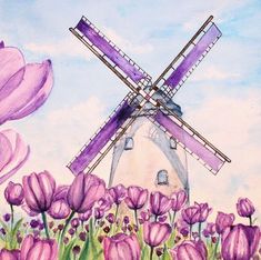 a watercolor painting of a windmill and purple tulips