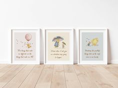 three children's wall art prints with winnie the pooh quotes