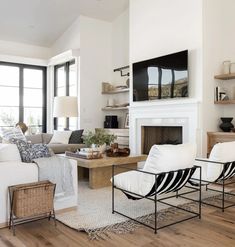 a living room filled with furniture and a flat screen tv mounted on the wall above a fire place