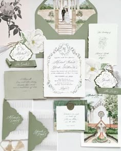 an assortment of wedding stationery items including cards, envelopes and brochures