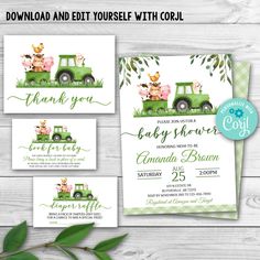 farm animals on green tractor baby shower and thank you card, printable digital file