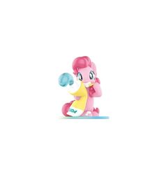 an image of a pink pony playing with a blue ball in the air on a white background