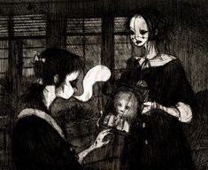 a black and white drawing of a woman holding a baby in her lap with two other women looking on