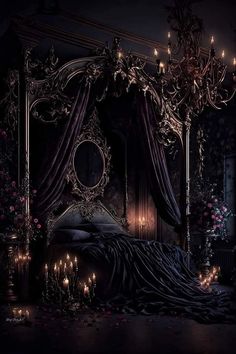 an ornate bed with candles lit up in the dark night time, next to a chandelier