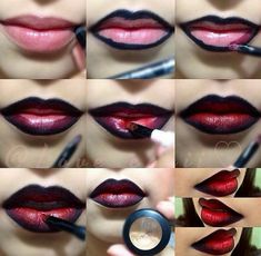 Vegas Eye Makeup, Vampiress Makeup, Red Ombre Lips, Ombre Lips Tutorial, Metallic Eye Makeup, Ombré Lips, Ombre Lipstick, Ombre Lip, Lips Tutorial