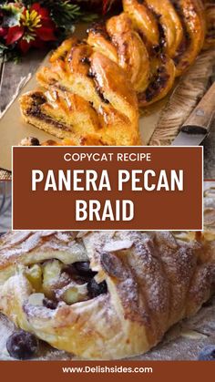 The pin displays a mouthwatering image of the Panera Pecan Braid, showcasing its golden and flaky layers with a generous amount of pecan filling and a sweet glaze drizzle. Pecan Braid Recipe Panera, Morning Pastry Recipes, How To Braid Bread Dough, Puff Pastry Pecan Bites, Copycat Panera Recipes, Panera Bread Copycat Recipes, Copycat Breakfast Recipes, Pecan Braid Recipe, Puff Pastry Recipes Breakfast