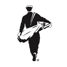 a black and white silhouette of a sailor carrying a bag