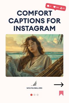 Promotional graphic for "Comfort Captions for Instagram" featuring a relaxed woman by the beach.
Graphic checklist of cozy and comfortable activities with emojis and a call-to-action button.
Advertisement for an Instagram engagement pod with a happy woman using a laptop, surrounded by social media icons. Comfort Captions, Chill Aesthetic, Serenity Now, Caption For Yourself, Cozy Vibes, Don't Leave, Quiet Moments, Better Together